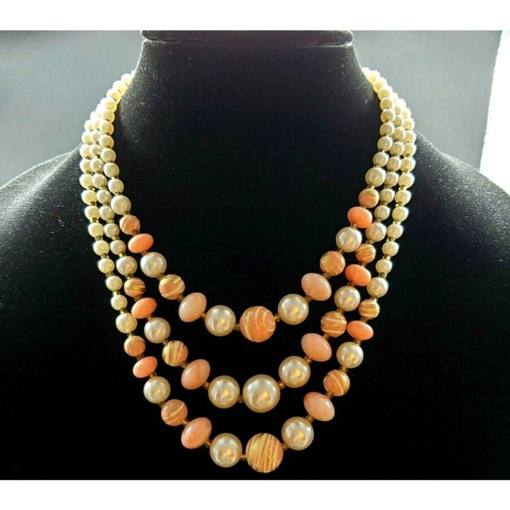 Vintage Pink Faux Pearl Triple Strand Graduated Beaded Necklace Goldtone Spacers